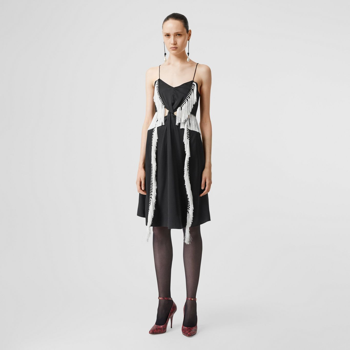 Fringe Detail Silk Satin Slip Dress